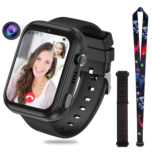 OKYUK 4G Smartwatch für Kinder mit, GPS-Tracker, mehrere Desktop-Stile zur Auswahl, Zwei-Wege-Anrufe, Bildkompetenz, SOS, WLAN, wasserdichter Touchscreen für 4–12 Jungen und Mädchen (T45 Schwarz)