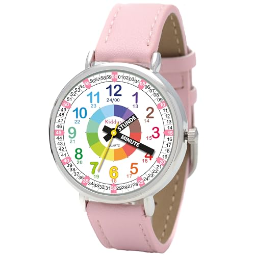 Kiddus Lern Armbanduhr für Kinder, Jungen und Mädchen. Analoge Armbanduhr mit Zeitlernübungen. Time Teacher. Deutsch PU-Leder Rosa