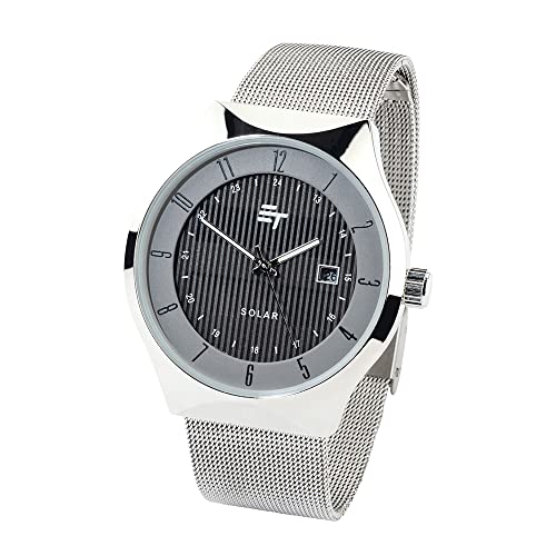 EUROtops Solar-Hybrid-Armbanduhr – Solar Uhr mit Batterie, Quarzuhr/Herrenuhr mit Milanaise-Armband, Edelstahl, Silber, Analoges Zifferblatt, Datumsanzeige, Moderne Optik