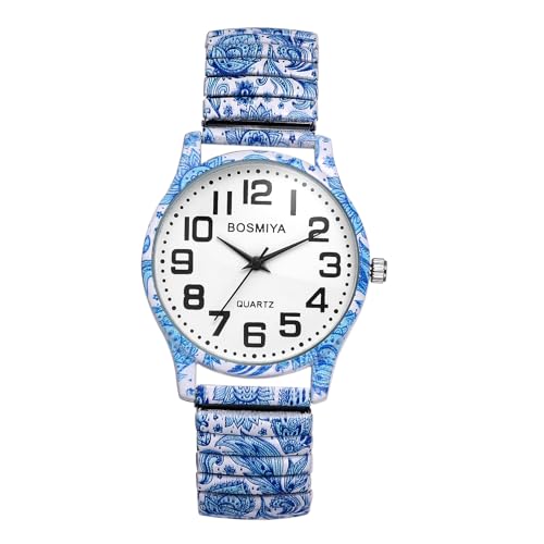 JewelryWe Uhren Damen Elastisch Metallarmband: Vintage Blau-Weißes Porzellan Design Analog Quarz Armbanduhr Frauen Lässige Uhr mit Legierung Stretch-Armband und großen Arabischen Zahlen Zifferblatt