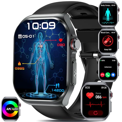 YYKY Smartwatch Damen Herren ΒΙυtｚυcker,2.04”AMOLED mit EKG+HRV/Harnsäure/BMI/Annehmen/Anruf tätigen 2024 Smartwatch mit SOS-Notruf/Sportuhr Smartwatch für Android iOS (Schwarz)