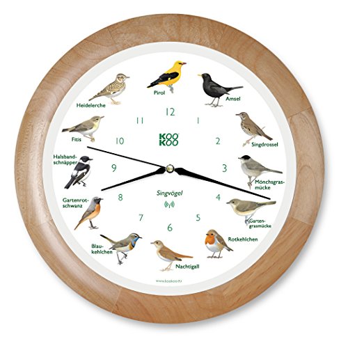 KOOKOO Singvögel Holz, Die Singende Vogeluhr, mit 12 heimischen Singvögeln und echten, natürlichen Vogelstimmen, mit RC Funkquarzwerk