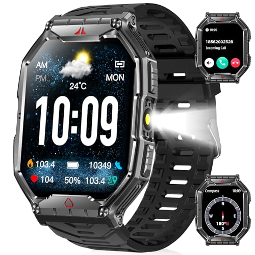 Smartwatch Herren,2.1''AMOLED Smartwatch mit Telefonfunktion/60-90 Standby-Zeit/Flashlight/Kompass/Höhenbarometer/Militär Smartwatch draussen Fitnessuhr mit Herzfrequenz Schlafmonitor für Android iOS